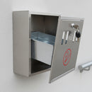 Close-up of the cigarette bin with its lockable door open and key fitted, showing the removable zintec steel liner being lifted out for emptying