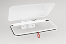 Single white steel wall mounted sack holder with the hinged lid on a studio background