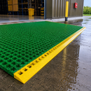GRP anti-slip fibreglass grating ramp section outdoors in wet conditions industrial application