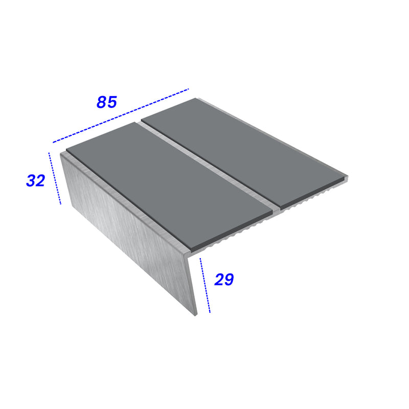 Rake Back Double Channel Aluminium Stair Nosing, 2.44m Length, 85mm Tread, Slip-Resistant PVC Inserts, Ideal for Vinyl, Lino & Lightweight Carpets