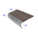 Anti slip bullnose stair nosing with aluminum construction and brown PVC inserts, showing dimensions