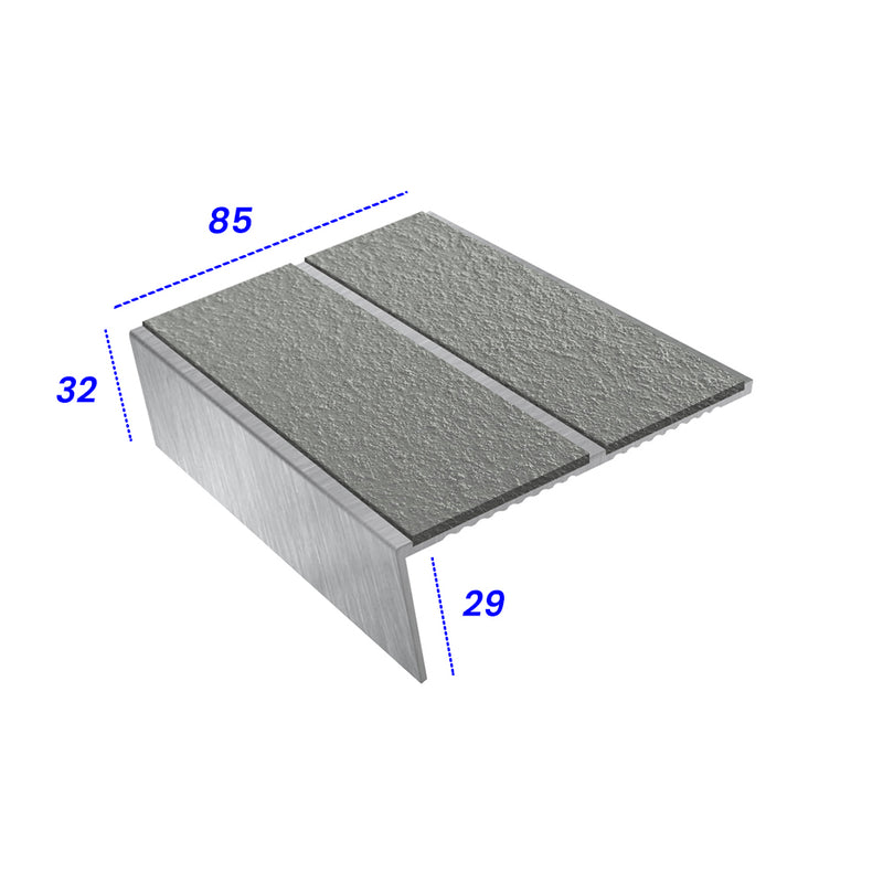 Rake Back Double Channel Aluminium Stair Nosing with MorGrip, 85mm Tread, Slip-Resistant PVC Inserts, Compatible with Vinyl, Lino & Lightweight Carpets