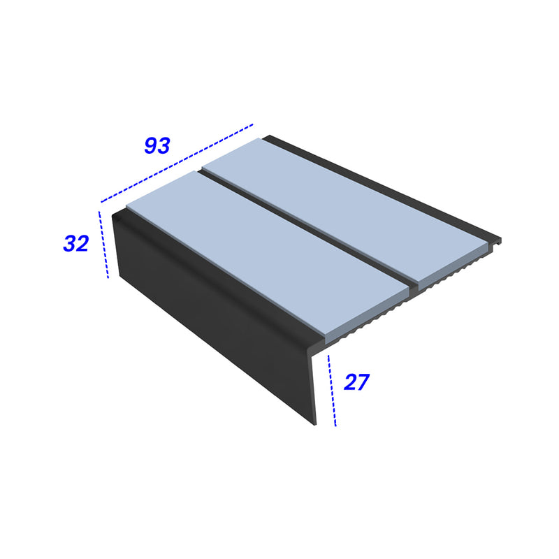 Heavy Duty Square Aluminium Stair Nosing 2.75m Double Insert, Slip-Resistant, 93mm Tread, 32mm Riser Durable for High-Traffic Areas