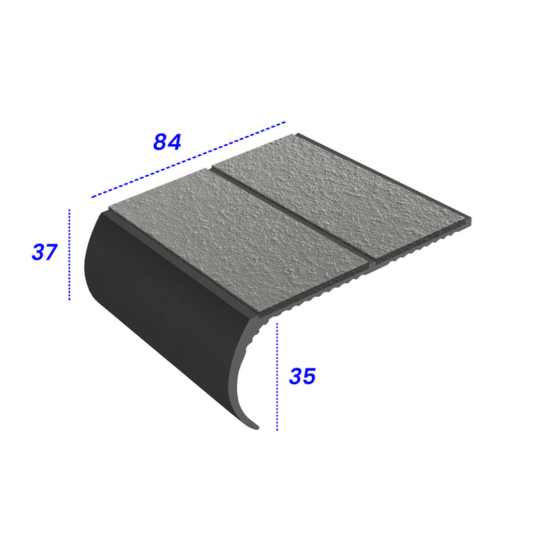 Bullnose Double Channel Aluminium Stair Nosing Slip-Resistant PVC Inserts 84mm Tread MorGrip & Exterior Options 2.44m to 3.22m Lengths